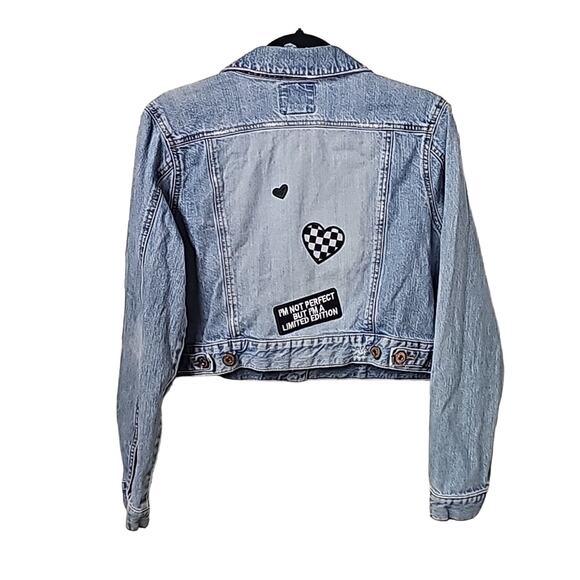 Old Navy Cropped Denim Jean Jacket With Back Patches Womens Size XL - Picture 1 of 10